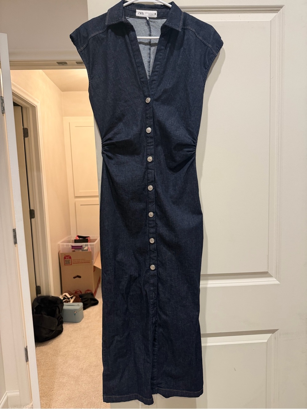Zara Dark Blue Sleeveless Button-Front Midi Dress